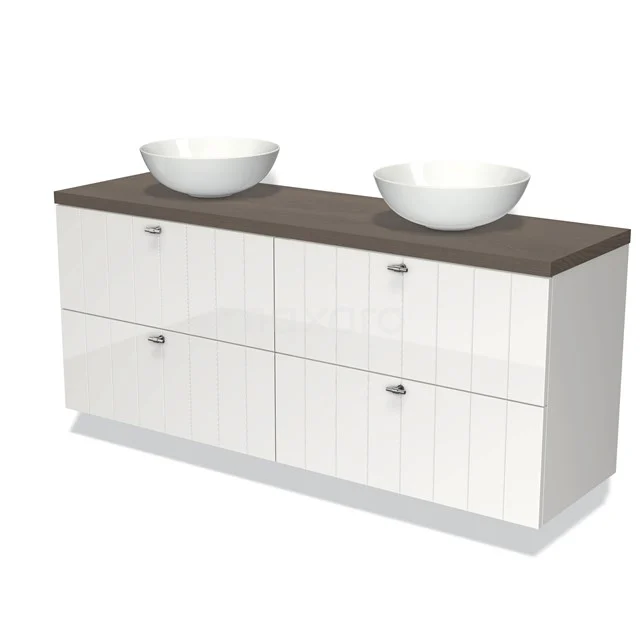 Weißes Badmöbel mit doppelter Waschtischplatte, Holzoptik-Oberfläche und zwei runden Waschbecken; stilvolles und praktisches Design.