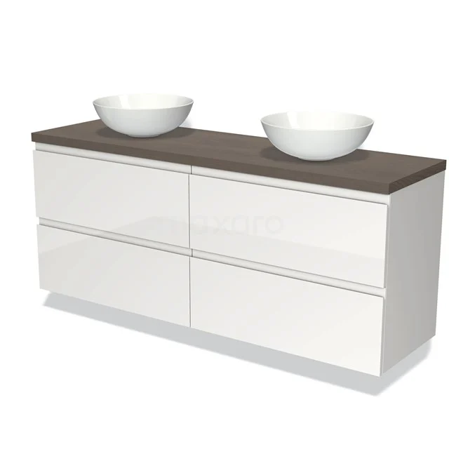 Badmöbel für Aufsatzwaschbecken 160cm Modulo Plato Hochglanz Weiß 4 Schubladen Grifflos dunkelbraune Eiche Platte BMK18-00993 Weißes Badezimmermöbel mit Doppelwaschbecken, Holzplatte und moderner Verarbeitung, ideal für eine stilvolle Badezimmergestaltung.