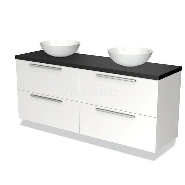 Badmöbel für Waschtischunterschrank mit Konsole 160cm Modulo Plato Matt Weiß 4 Schubladen Flach Matt Schwarz Platte BMK18-00994 Weiße Badmöbelset mit schwarzer Platte, doppelten Aufsatzwaschbecken, chromatischen Griffen und modernem Design, ideal für moderne Bäder.