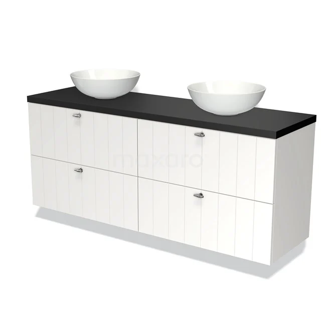 Weißes Badezimmermöbel mit doppelten Aufsatzwaschbecken, schwarzer Oberplatte und sechs Schubladen, ideal für ein modernes Badezimmer.