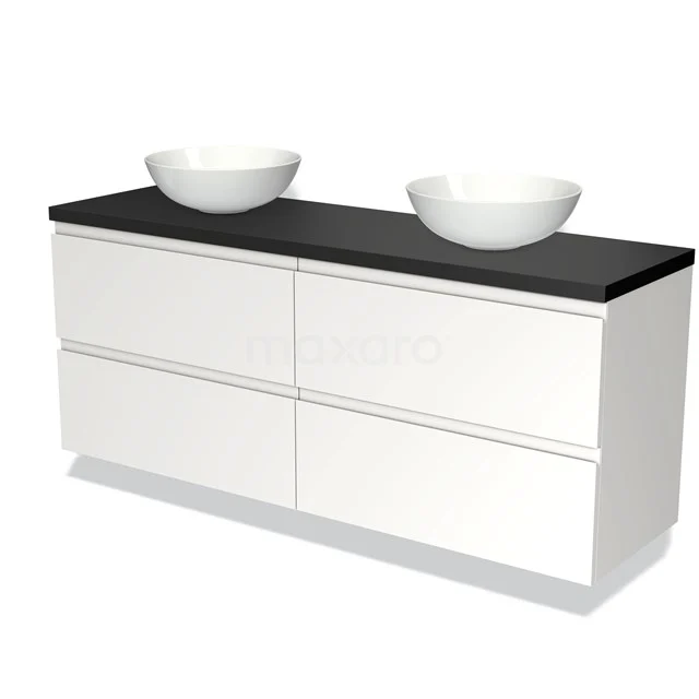 Weiße Badmöbel mit schwarzer Platte, 4 Schubladen und Doppelwaschbecken. Moderner Stil, ideal für geräumige Bäder.