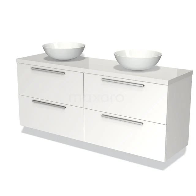 Modulo Plato Badmöbel mit Aufsatzwaschbecken | 160 cm Matt Weiß Flach front Hochglanz Weiß blatt 4 Schubladen BMK18-00997 Weißes Badezimmermöbel mit Doppelwaschbecken, modernem Aussehen und metallischen Haltegriffen, ideal für stilvolle Badezimmer.