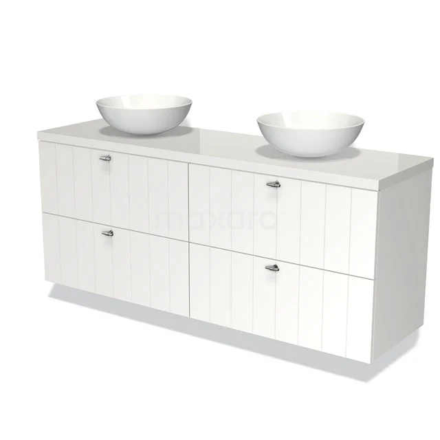 Modulo Plato Badmöbel mit Aufsatzwaschbecken | 160 cm Matt Weiß Lamelle front Hochglanz Weiß blatt 4 Schubladen BMK18-00998 Weißes Badezimmermöbel mit Doppelwaschbecken, moderne Holzverarbeitung und vier Schubladen für ein organisiertes Badezimmer.