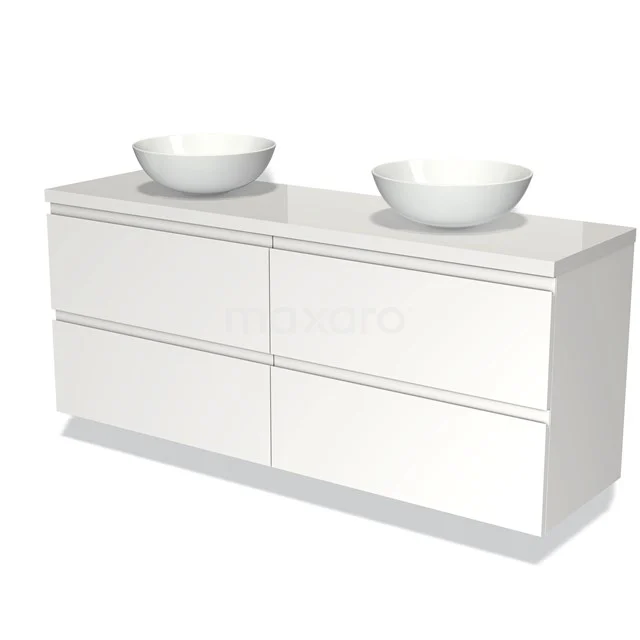 Modulo Plato Badmöbel mit Aufsatzwaschbecken | 160 cm Matt Weiß Grifflos front Hochglanz Weiß blatt 4 Schubladen BMK18-00999 Weißes Badmöbel mit Doppelwaschbecken, modernes Design, sechs Schubladen, ideal für Badezimmerlagerung.