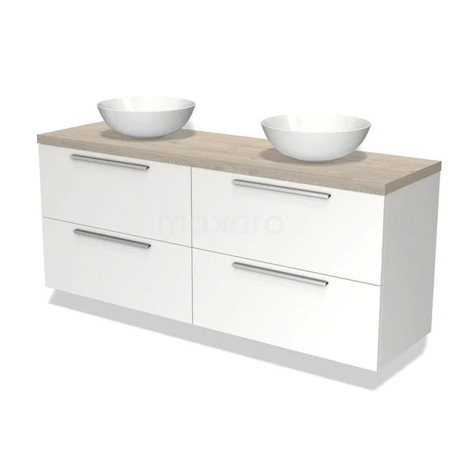 Wit badkamermeubel met houtlook blad, dubbele wastafel en 4 lades, modern design voor stijlvol gebruik in de badkamer.