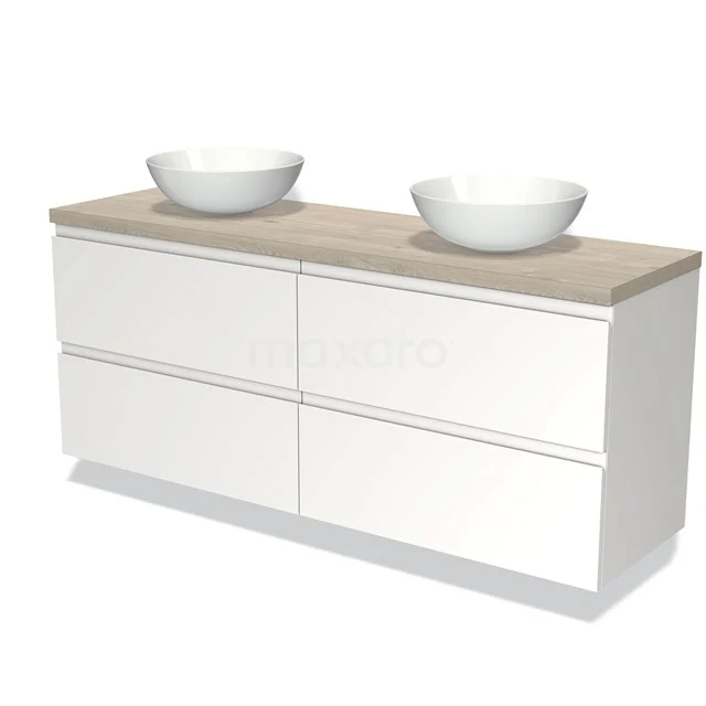 Weißes Holz Badezimmermöbel mit doppelten Aufsatzwaschbecken und hellem Eichen Platte, modernes Design mit sechs Schubladen.