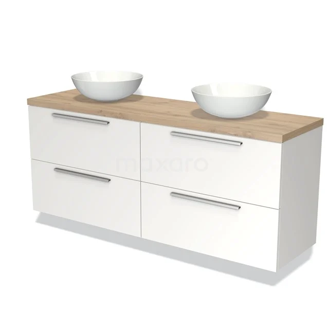 Badmöbel für Aufsatzwaschbecken 160cm Modulo Plato Matt Weiß 4 Schubladen Flach hellbraune Eiche Platte BMK18-01003 Weißes Badezimmermöbel mit Eichenplatte, Doppelwaschbecken und modernen Haltegriffen; stilvolles und praktisches Design.