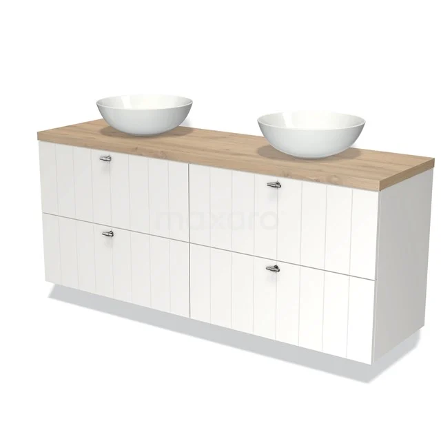 Modulo Plato Badmöbel mit Aufsatzwaschbecken | 160 cm Matt Weiß Lamelle front Hellbraune Eiche blatt 4 Schubladen BMK18-01004 Weißer Badschrank mit Holzlook Platte und doppeltem runden Aufsatzwaschbecken; moderne Ausstrahlung, ideal für stilvolle Badezimmergestaltung.