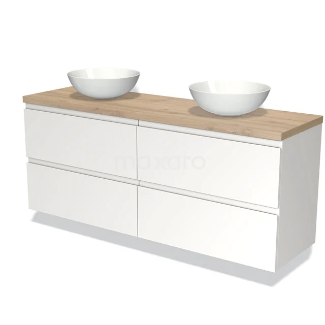 Weißes Badezimmermöbel mit Holzlook Platte, vier Schubladen und doppelten runden Aufsatzwaschbecken, perfekt für moderne Bäder.