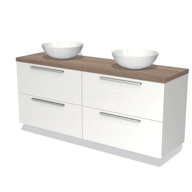 Wit badkamermeubel met dubbele kom van keramiek en houten bovenblad, modern design met vier lades en metalen grepen.