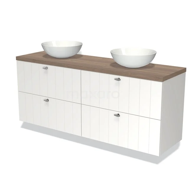 Doppeltes weißes Waschtischmöbel mit Holzlook Platte und porzellan Aufsatzwaschbecken, perfekt für einen modernen Badezimmerstil.