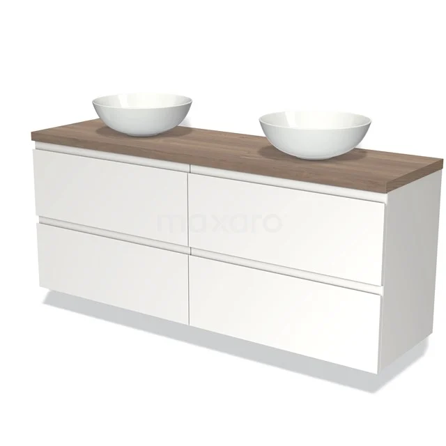 Weiße Badmöbelset mit Holzlook Platte, doppeltem keramischen Aufsatzwaschbecken und Soft-Close Schubladen. Modernes und elegantes Design.