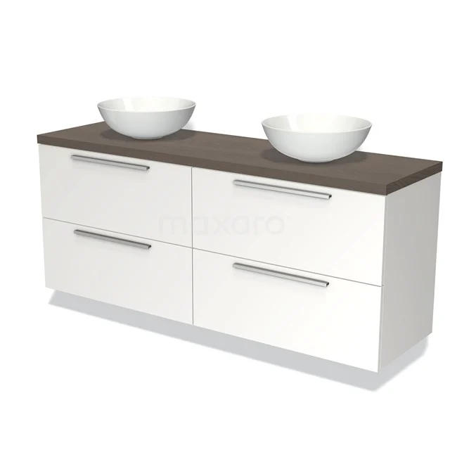 Weiße Doppelwaschbeckenmöbel mit Holzplatte, moderne Bäderserie, einschließlich zwei keramischen Aufsatzwaschbecken.