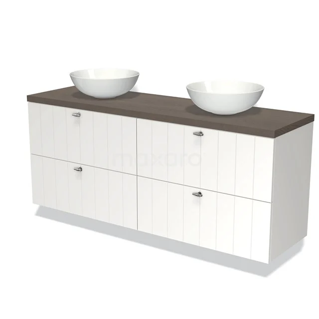 Weißes Doppel-Badmöbel mit Holzlook-Platte, vier Schubladen und zwei runden keramischen Aufsatzwaschbecken, ideal für moderne Bäder.