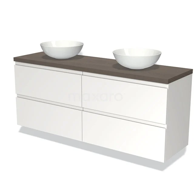 Wit badkamermeubel met houten blad, dubbele opzetwaskommen en greeploze lades, strak design ideaal voor moderne badkamers.