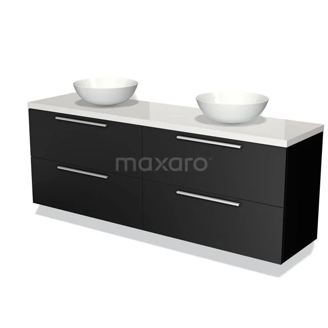 Zwarte badkamermeubel met dubbele wastafel, vier lades en een strak design; ideaal voor een moderne badkamer.