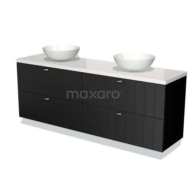 Schwarzer doppelter Badschrank mit weißen keramischen Waschbecken, elegantes Design, ideal für moderne Badezimmergestaltung.
