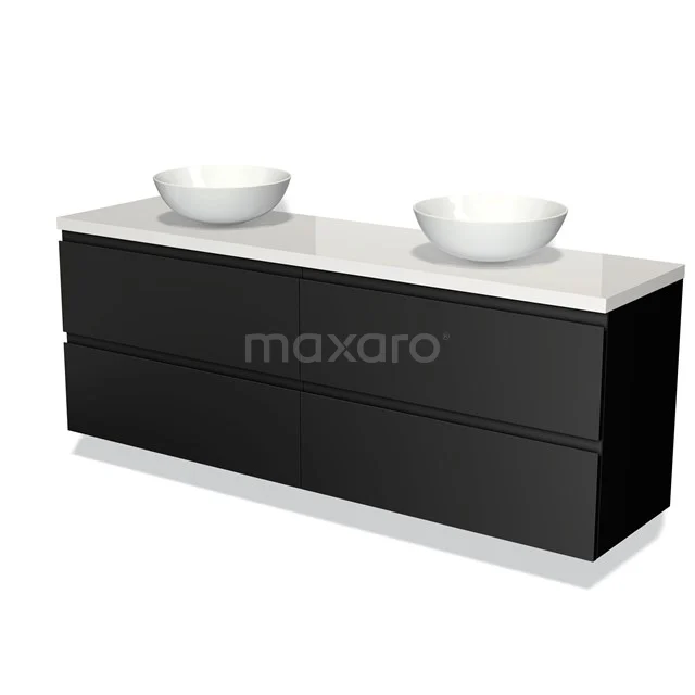 Zwart badkamermeubel met dubbele waskom, strak design en hoogglans afwerking, ideaal voor een moderne badkamerstijl.