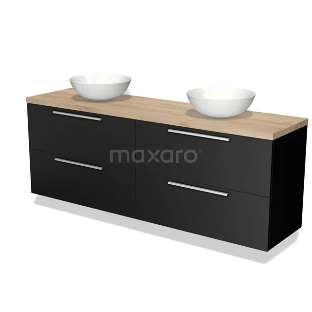 Modulo Plato Badmöbel mit Aufsatzwaschbecken | 180 cm Matt Schwarz Flach front Hellbraune Eiche blatt 4 Schubladen BMK18-01130 Schwarzes Badmöbel mit Doppelwaschbecken, Holzlook Platte und metallischen Griffen, modernes Design für stilvolles Badezimmerinterieur.
