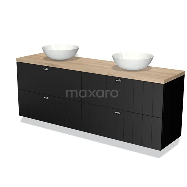Modulo Plato Vanity units for countertop basin | 180 cm Matte black Slat front Light brown oak worktop 4 drawers BMK18-01131 Black bathroom unit with wooden worktop, double drawers, and soft-close drawers, modern design for stylish bathrooms.
