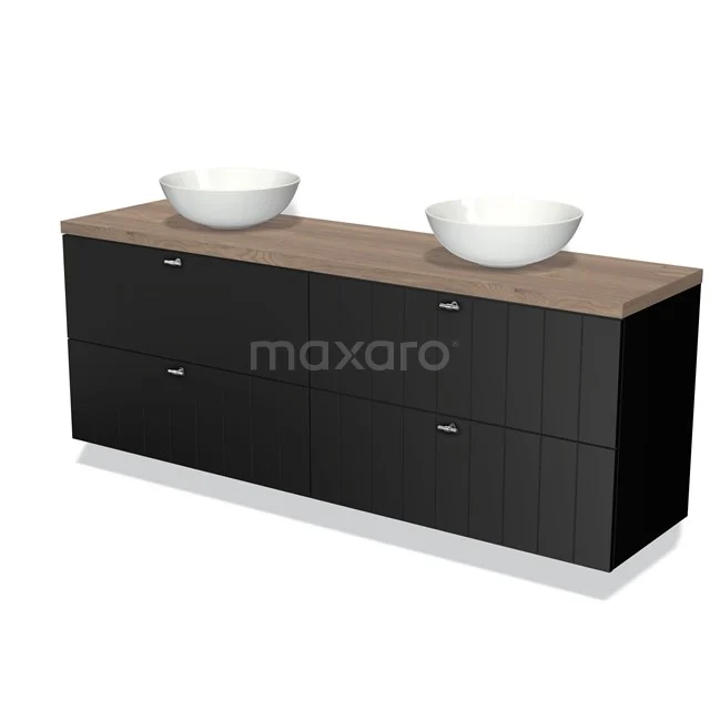 Schwarze Badmöbelset mit Holzoptik Platte und doppeltem weißen Aufsatzwaschbecken; stilvolles Design für moderne Bäder.