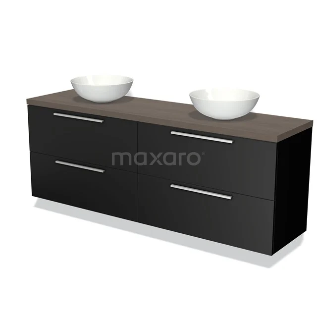 Zwart badkamermeubel met dubbele wastafel, houtlook blad en modern design; ideale opbergoplossing voor de badkamer.