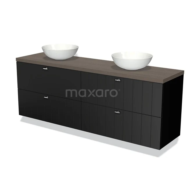 Schwarz Badmöbel mit Holzlook Platte, doppelte weiße Aufsatzwaschbecken, modernes Design mit vier Schubladen für optimalen Stauraum.