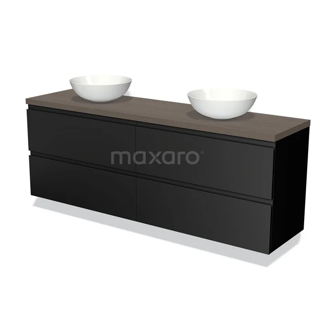Zwarte dubbele wastafelmeubel met houtlook blad, modern design en witte keramische waskommen, perfect voor een stijlvolle badkamer.