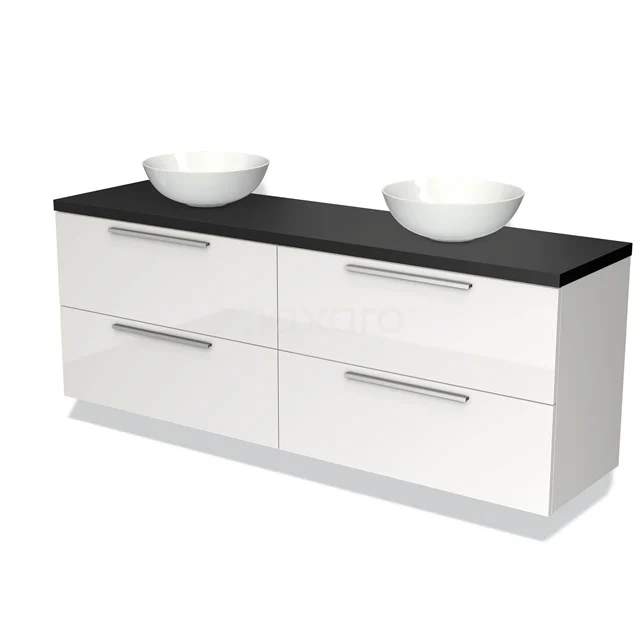 Modulo Plato Badmöbel mit Aufsatzwaschbecken | 180 cm Hochglanz Weiß Flach front Matt Schwarz blatt 4 Schubladen BMK18-01157 Weißes Badezimmermöbel mit Doppelwaschbecken, schwarzer Platte und modernen Haltegriffen, ideal für stilvolle Badezimmer.