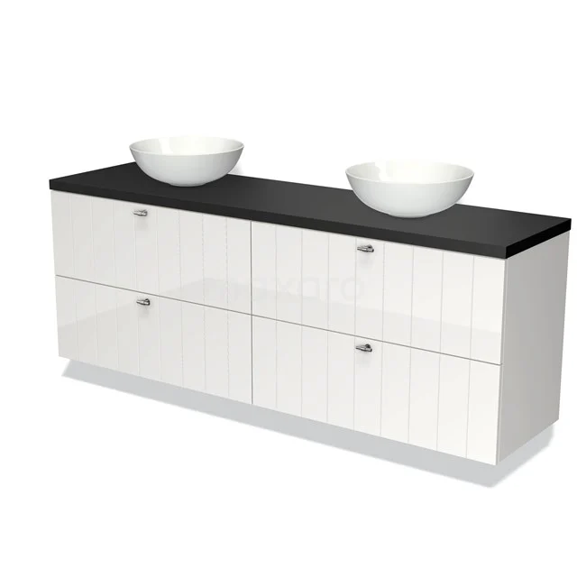 Modulo Plato Vanity units for countertop basin | 180 cm High-gloss white Slat front Matte black worktop 4 drawers BMK18-01158 White double bathroom unit with black top and two vanity units with basins, modern design and glossy finish.