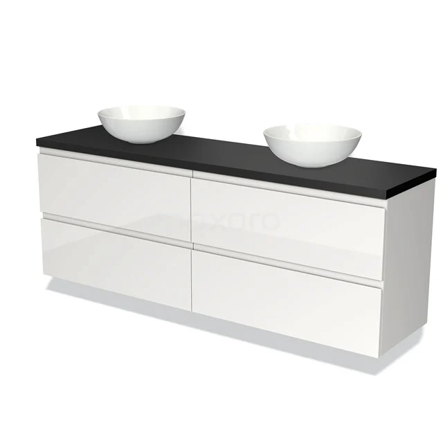 Wit badkamermeubel met vier lades, zwart blad en twee witte waskommen, modern design, ideaal voor ruime badkamers.