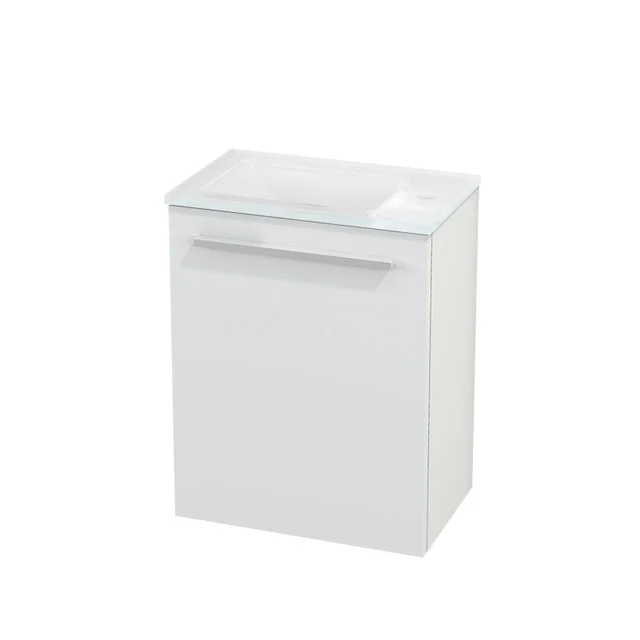 White bathroom unit with integrated vanity unit with basin, modern design, soft-close drawer and compact size for small bathrooms.