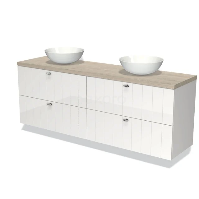 White bathroom unit with double ceramic basin, wood-look worktop and six drawers for stylish and practical storage space.