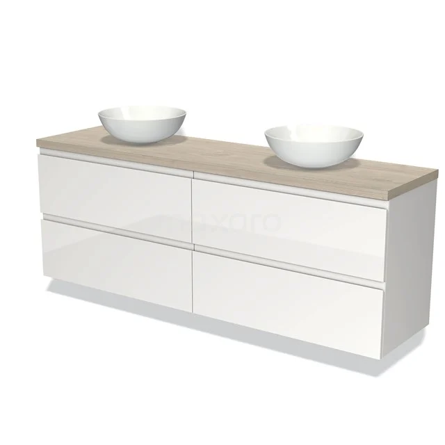 Weißes Badezimmermöbel mit zwei Aufsatzwaschbecken, Holzplatte und Softclose-Schubladen, modernes Design für ein stilvolles Badezimmer.