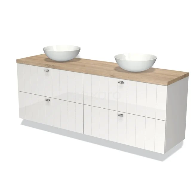 Badmöbel für Waschtischunterschrank mit Konsole 200cm Modulo Plato Hochglanz Weiß 4 Schubladen Schiefer hellbraune Eiche Platte BMK18-01977 Weiße Badmöbelset mit Holzlook Platte, doppelten Aufsatzwaschbecken und vier Schubladen; moderner Stil und großzügiger Stauraum.