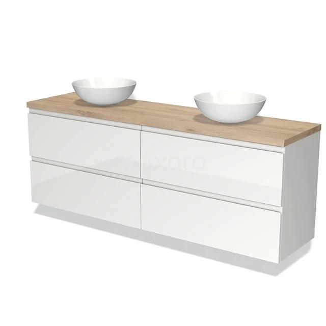 Wit badkamermeubel met houtlook blad, dubbele wastafel, en strakke lades voor een moderne badkamerstijl.
