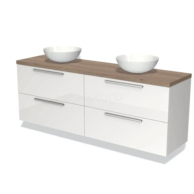 Waschtischunterschrank mit Konsole 180cm Modulo Plato Hochglanz Weiß 4 Schubladen Flach Mittelbraune Eiche Platte BMK18-01166 Weißes Badezimmermöbel mit Holzlook Platte, doppelte Aufsatzwaschbecken und vier Schubladen, perfekt für moderne Badezimmergestaltung