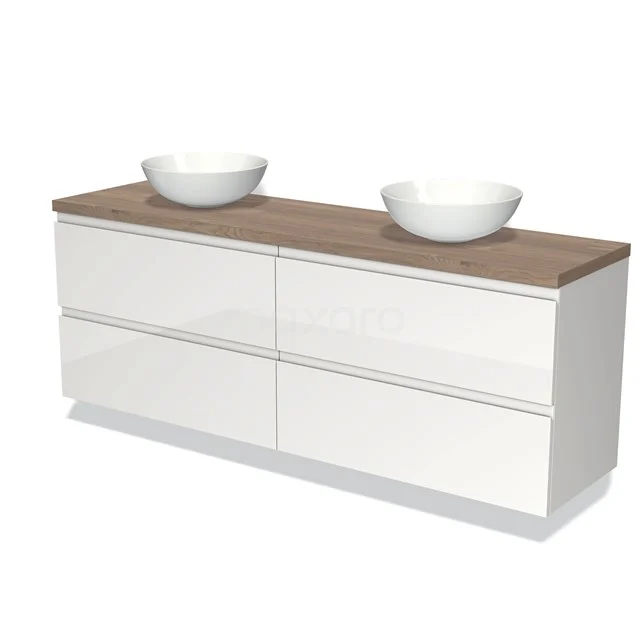 Weißes Badezimmermöbel mit Holzlook Platte, doppelte Aufsatzwaschbecken und vier Schubladen, ideal für stilvolle Badezimmerlagerung.