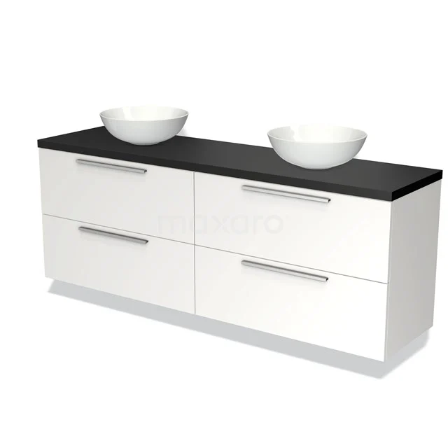 Wit badkamermeubel met zwarte blad, dubbele opbouw waskommen en vier lades, modern design voor een stijlvolle badkamer.