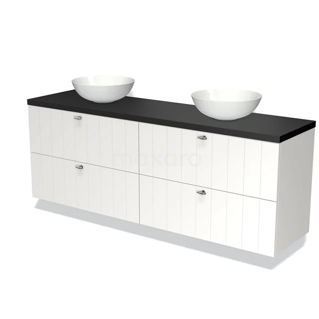 Weiße Badmöbelset mit schwarzer Platte, Doppel-Waschbecken-Design und modernen Schaltknöpfen, ideal für stilvolle Bäder.