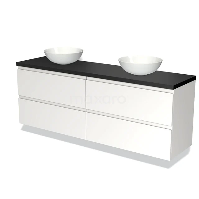 Witte badkamermeubelset met dubbele wastafel, zwarte onderkast en strakke afwerking, ideaal voor moderne badkamers.