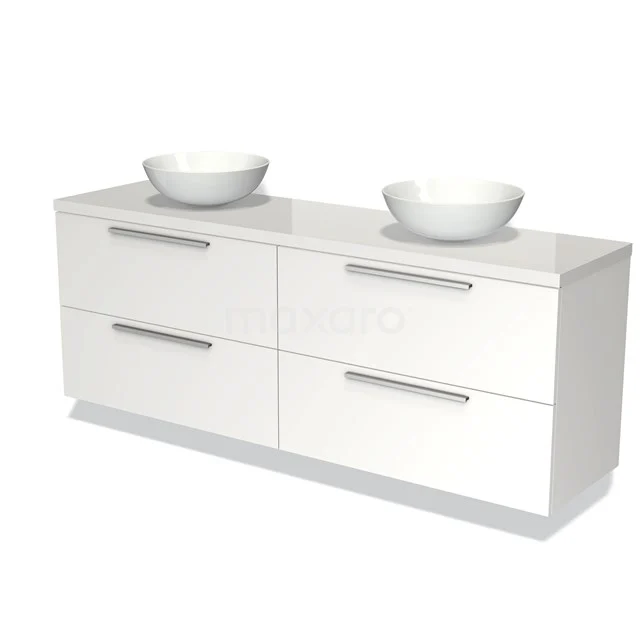 Wit dubbel badkamermeubel met vier lades, RVS handgrepen en twee opzetwaskommen, modern design.