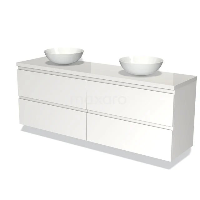 Weißes doppeltes Badmöbel, modernes Design mit zwei runden Aufsatzwaschbecken, hergestellt aus hochwertigem MDF, ideal für großzügige Bäder.