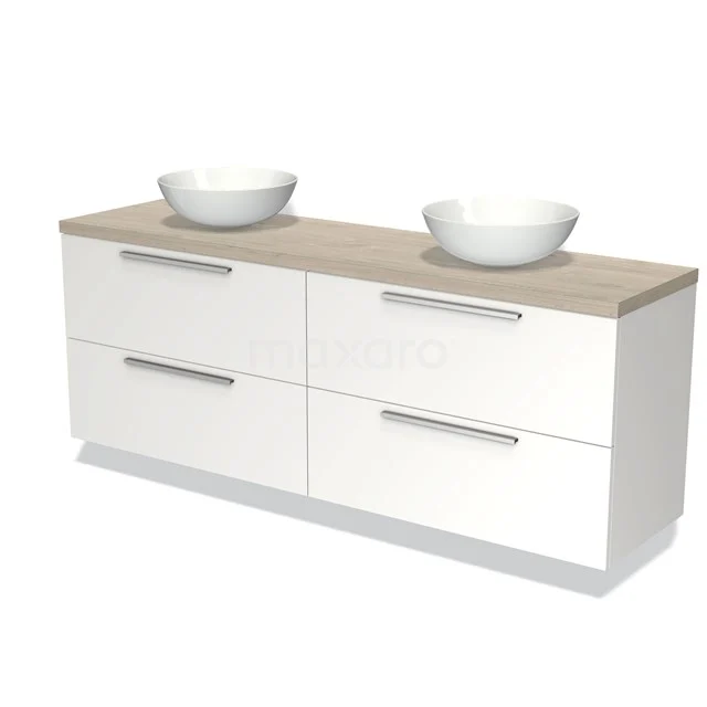 Wit badkamermeubel met dubbele waskom, houtlook blad en vier lades; ideaal voor een moderne badkamer inrichting.