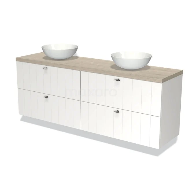 White bathroom unit with wooden worktop, double drawers and drawers; modern design for efficient bathroom storage.