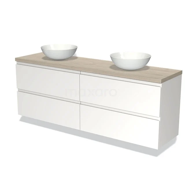 Weißes Badezimmermöbel mit vier Schubladen, Holzplatte und zwei runden Aufsatzwaschbecken; modernes Design für stilvolle Bäder.