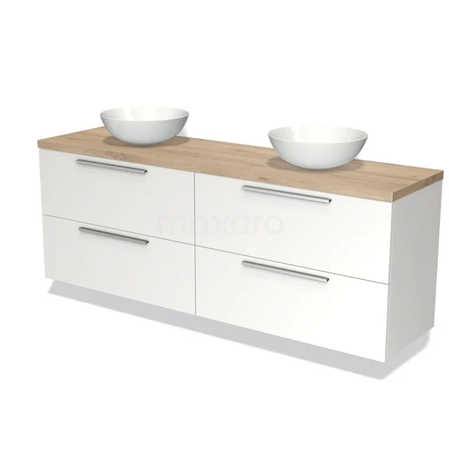 Weißes Badmöbel mit Holzlook Platte, Doppelwaschbecken und zwei schalenförmigen Waschbecken, modernes Design.