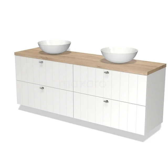 Modulo Plato Vanity units for countertop basin | 180 cm Matte white Slat front Light brown oak worktop 4 drawers BMK18-01182 White bathroom unit with wood-coloured worktop, double countertop wash basin and six drawers, sleek design, ideal for a modern bathroom.