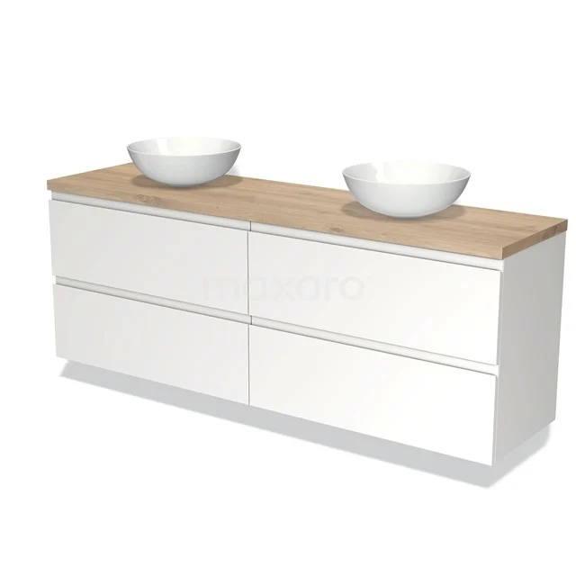 Weißes Badezimmermöbel mit Holzplatte, Doppelwaschbecken und geräumigen Schubladen, elegantes Design für moderne Bäder.