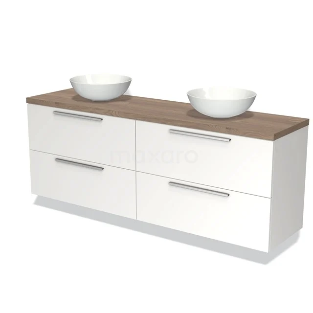 Wit badkamermeubel met houten blad, dubbele wastafel en metalen handgrepen, modern design.